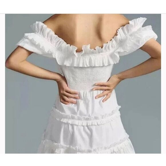 LOVE THE LABEL X Anthropologie Off-The-Shoulder Tiered Mini Dress White sz small - Picture 2 of 11